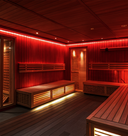 Interior of a wooden sauna with red LED therapy
