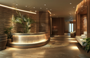 Modern interior design of a spa or wellness center with a curved reception desk.
