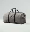Gray duffel bag with black straps on a light gray background