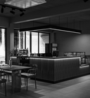 Modern cafe interior with a bar and seating area.